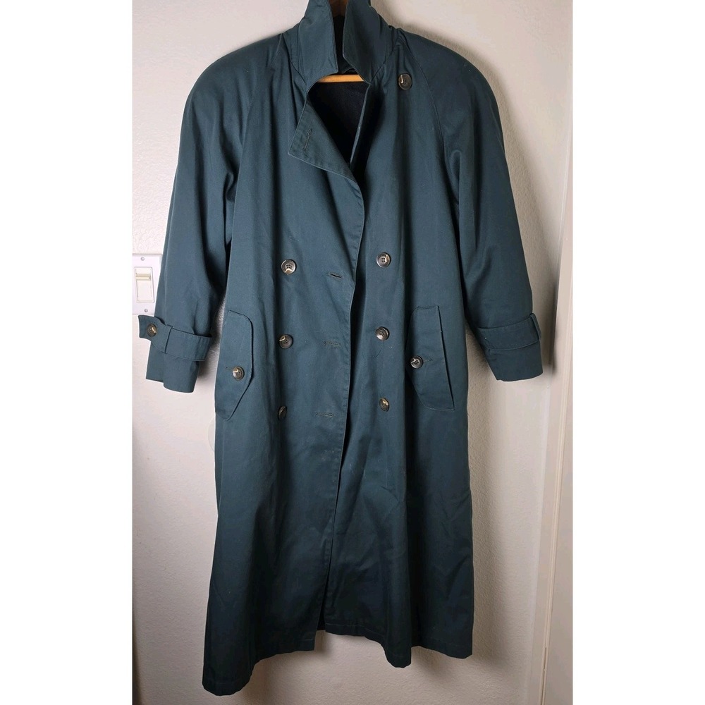 VTG New York Harbor Trench Coat Teal Sz 6 Petite With Liner Missing Belt Cotton